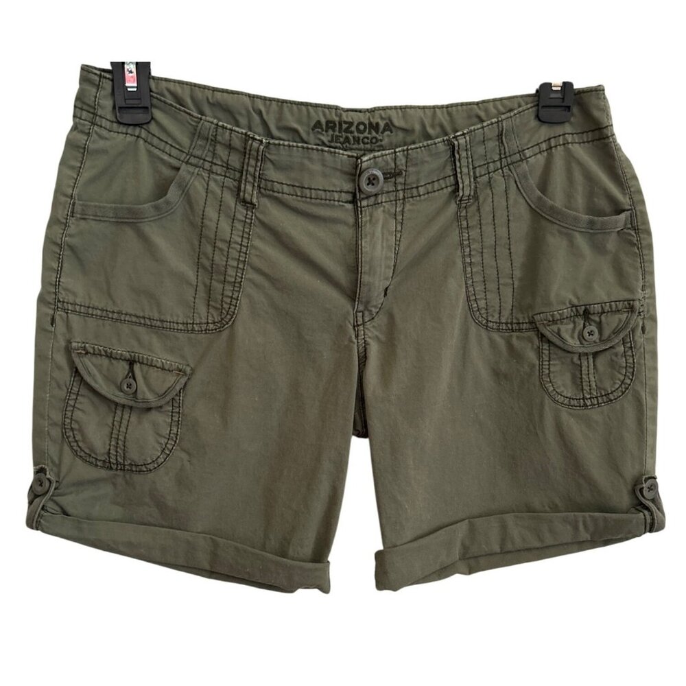 Arizona Jean Co. Juniors Stretch Cargo Shorts Size 11 Olive Green Cotton Spandex
